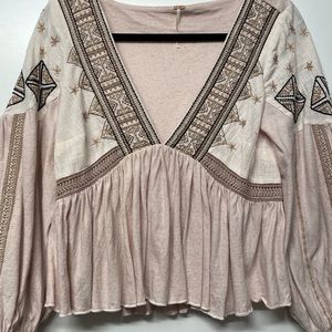 Free People Boho Embroidered Long Sleeve Top